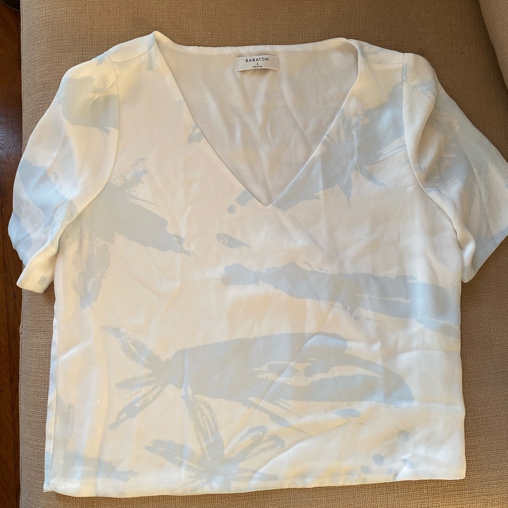 Aritzia Babaton V-Neck Short Sleeve Blouse in White and Light Blue